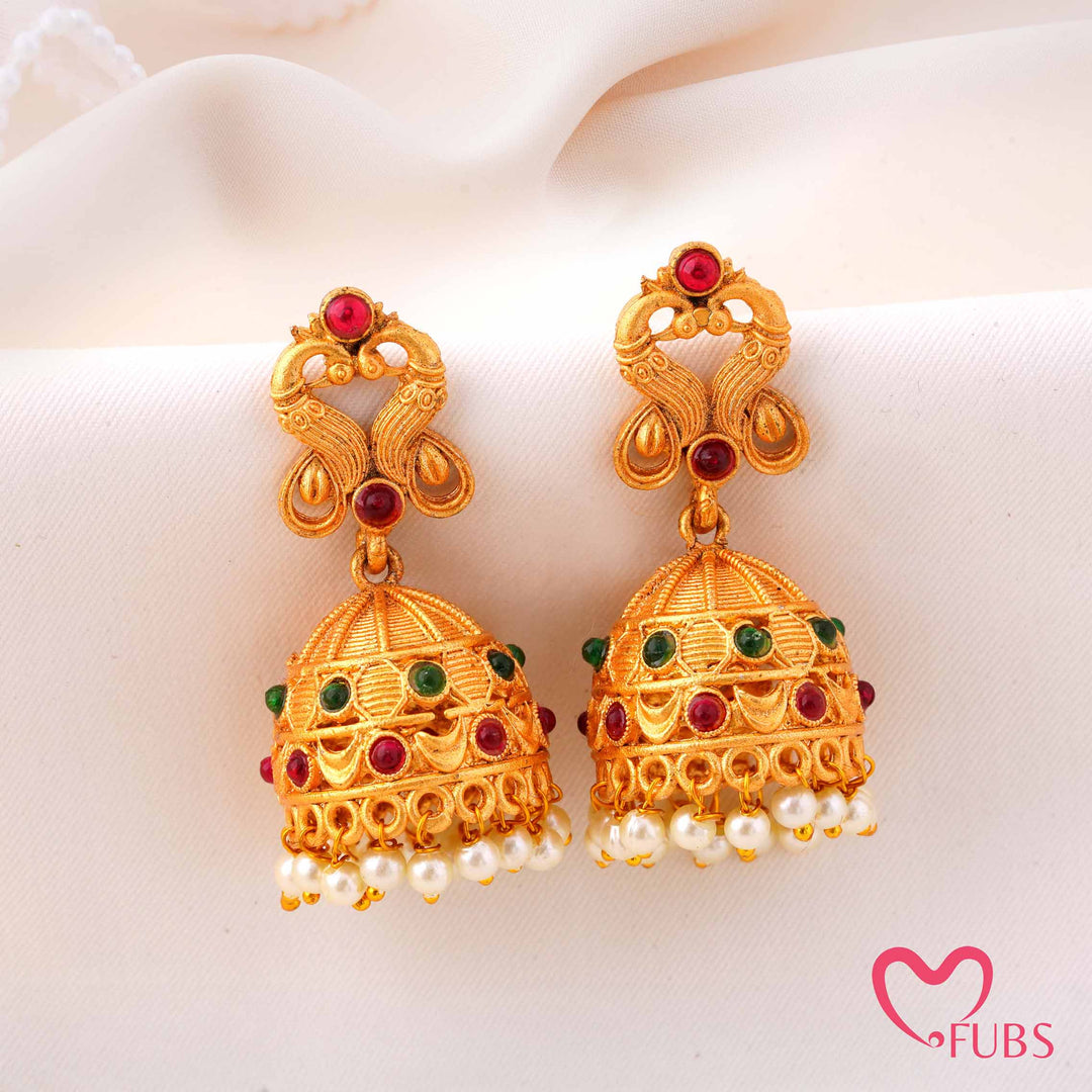 Temple Peacock Jhumka Earrings With Pearls