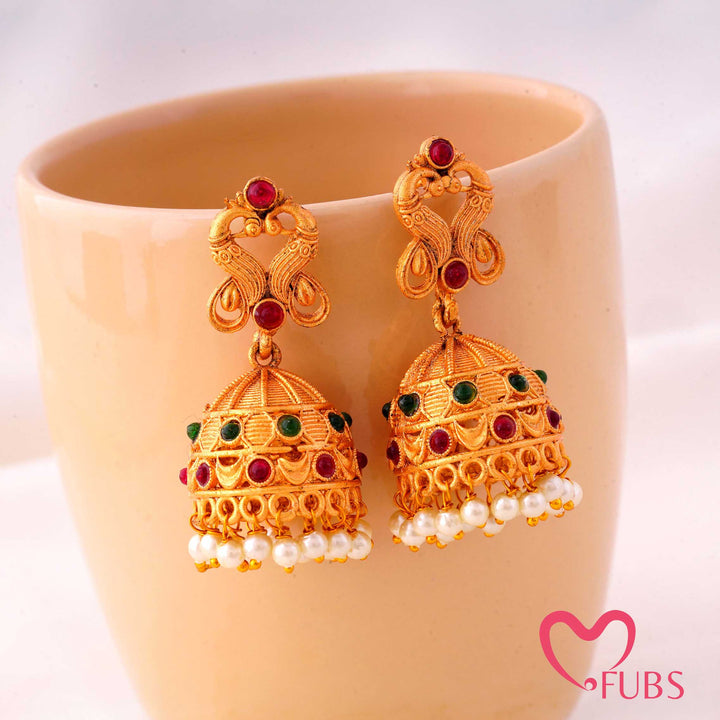 Temple Peacock Jhumka Earrings With Pearls
