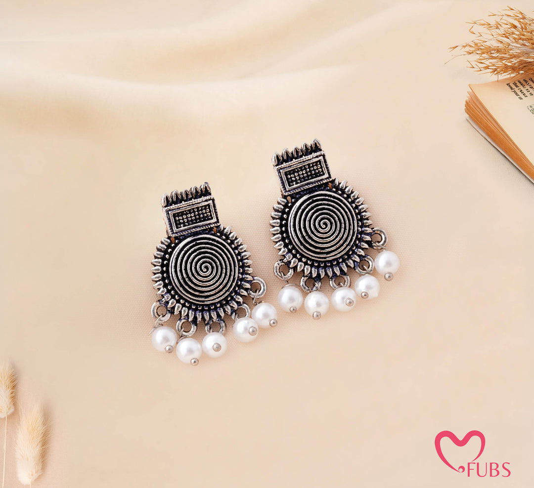 Oxidized Spiral Earrings with Pearl Drops