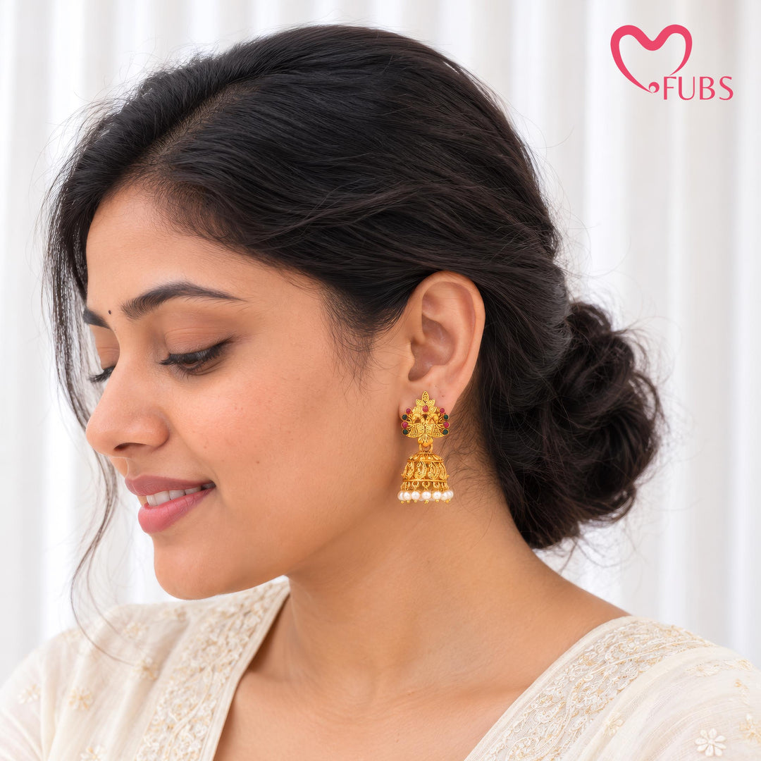 Peacock Temple Work Jhumka Earrings with Pearls