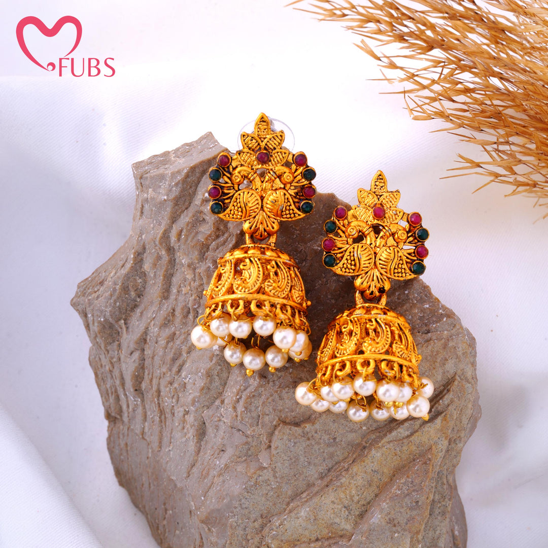 Peacock Temple Work Jhumka Earrings with Pearls