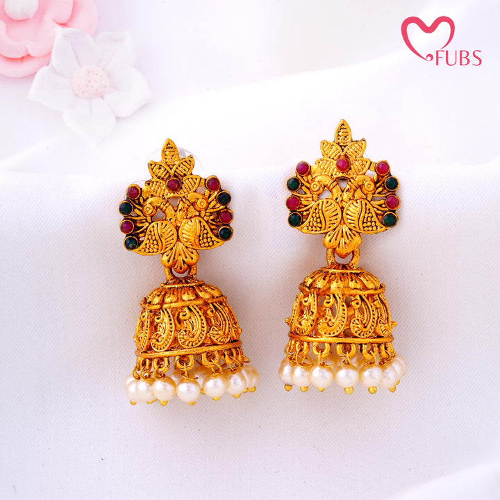 Peacock Temple Work Jhumka Earrings with Pearls