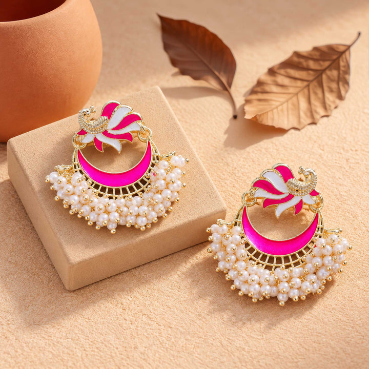 Pink Peacock Crescent Drop Earrings with Seed Beads