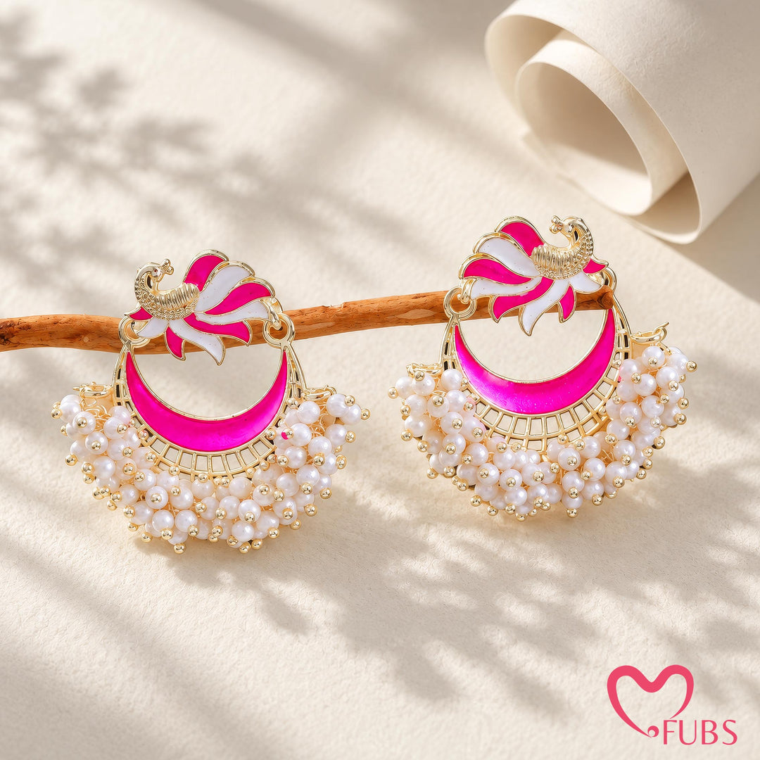 Pink Peacock Crescent Drop Earrings with Seed Beads