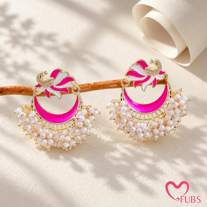 Pink Peacock Crescent Drop Earrings with Seed Beads