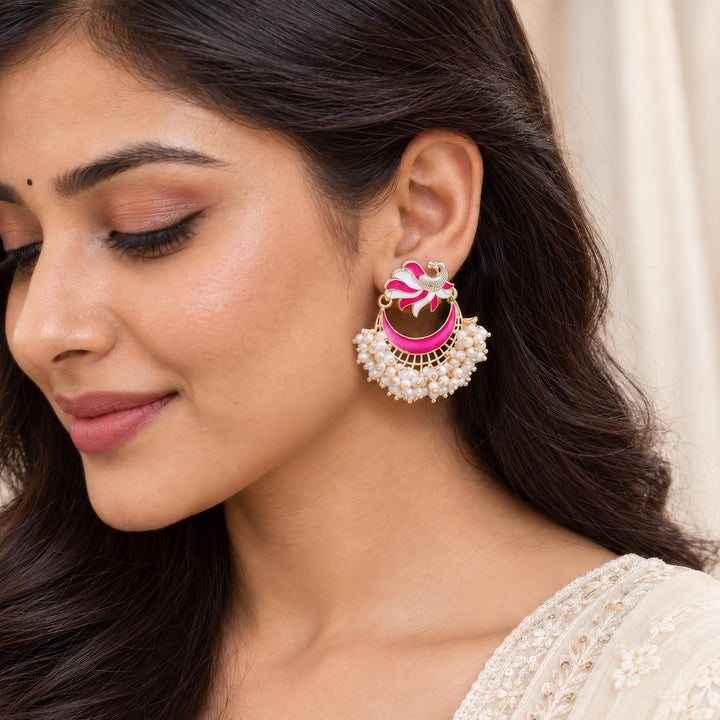 Pink Peacock Crescent Drop Earrings with Seed Beads
