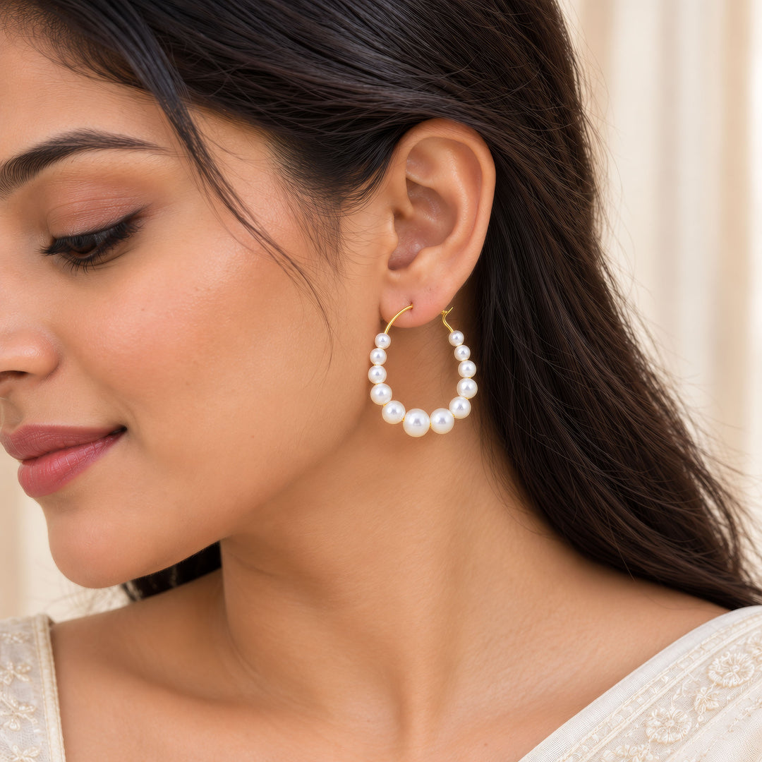 Graduated Pearl Hoop Earrings with Latch Back