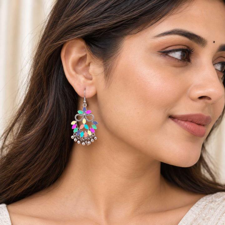 Multicolor Enamel Floral Chandbali Earrings With Bells
