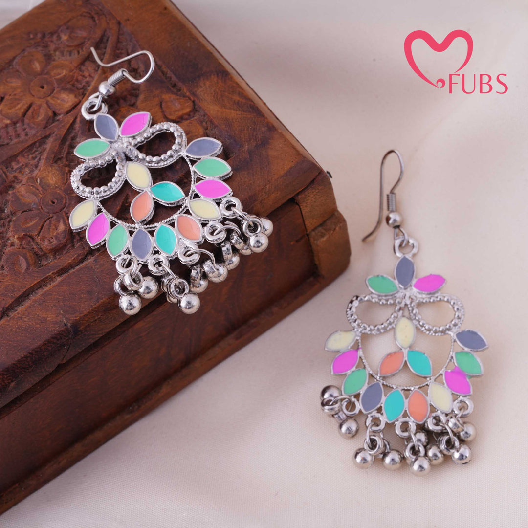 Multicolor Enamel Floral Chandbali Earrings With Bells