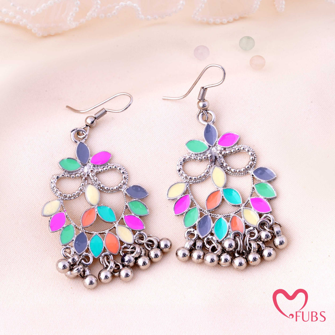 Multicolor Enamel Floral Chandbali Earrings With Bells