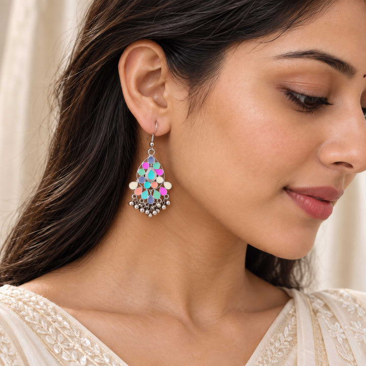 Multicolor Enamel Oxidised Drop Earrings with Ghungroo