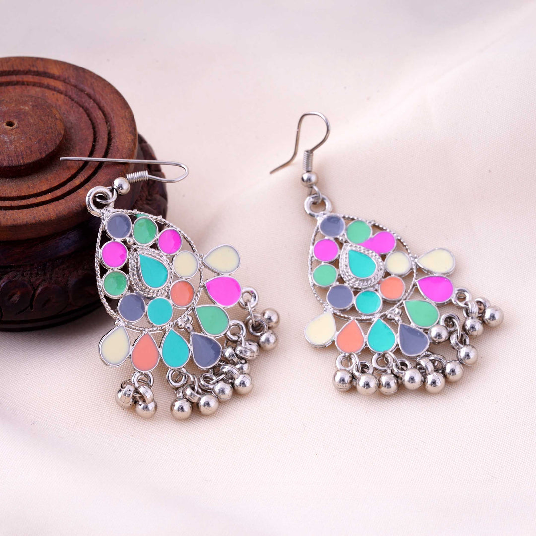 Multicolor Enamel Oxidised Drop Earrings with Ghungroo