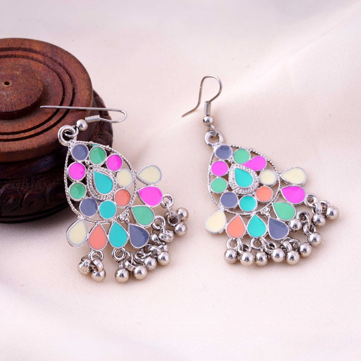 Multicolor Enamel Oxidised Drop Earrings with Ghungroo
