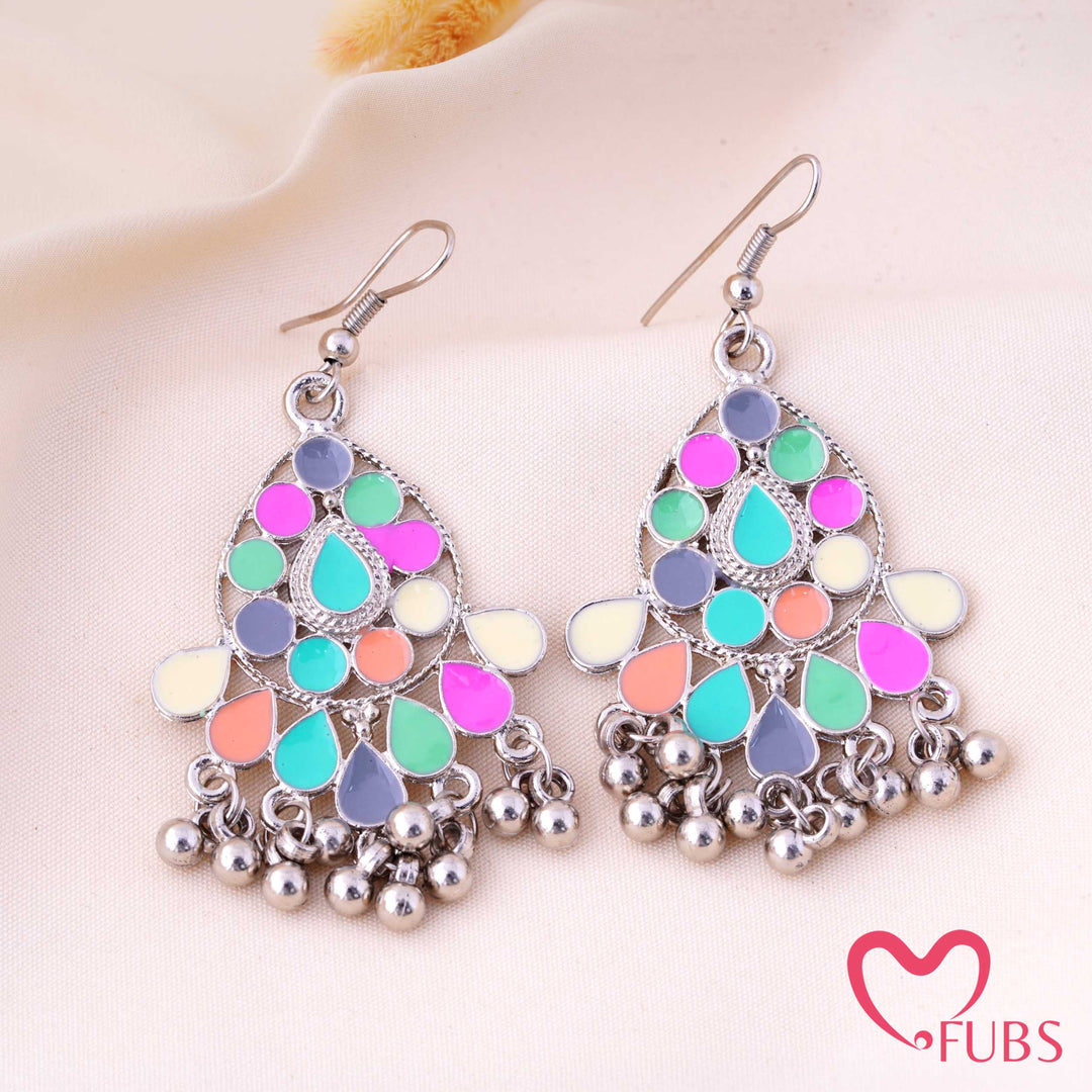 Multicolor Enamel Oxidised Drop Earrings with Ghungroo