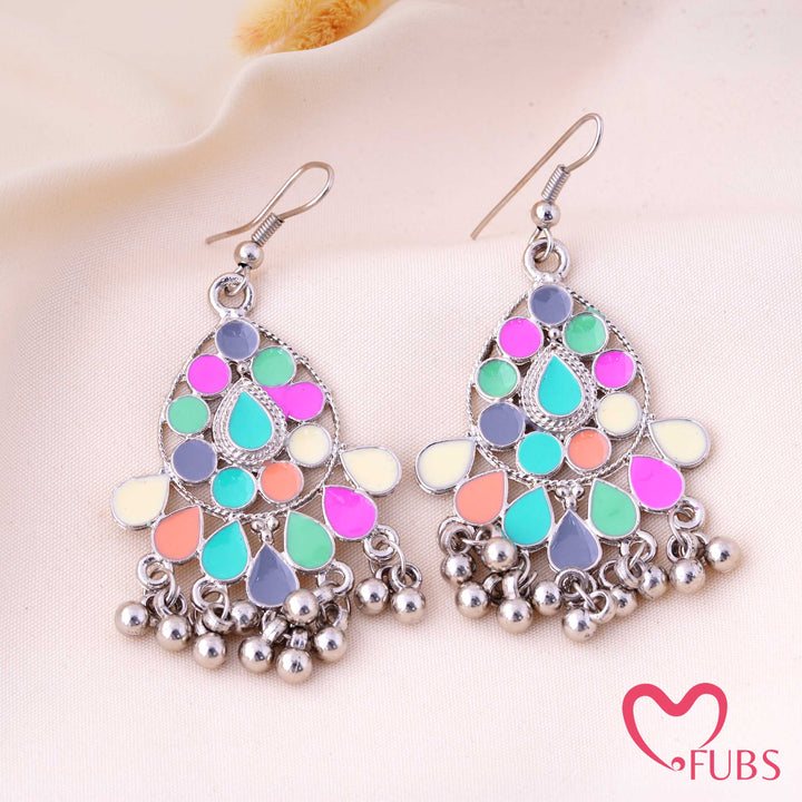 Multicolor Enamel Oxidised Drop Earrings with Ghungroo