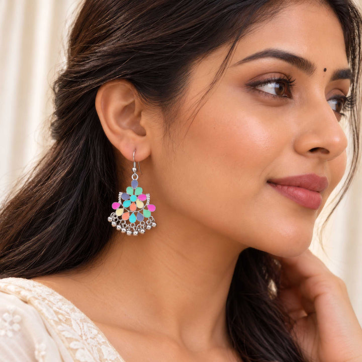 Floral Enamel Oxidised Drop Earrings with Ghungroo