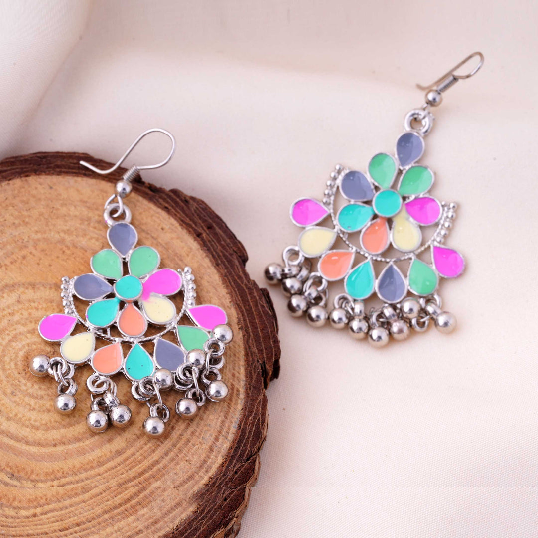 Floral Enamel Oxidised Drop Earrings with Ghungroo