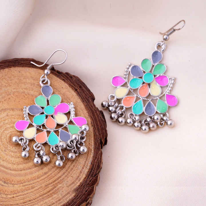 Floral Enamel Oxidised Drop Earrings with Ghungroo