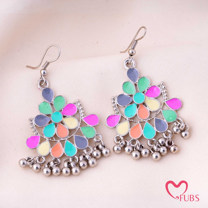 Floral Enamel Oxidised Drop Earrings with Ghungroo