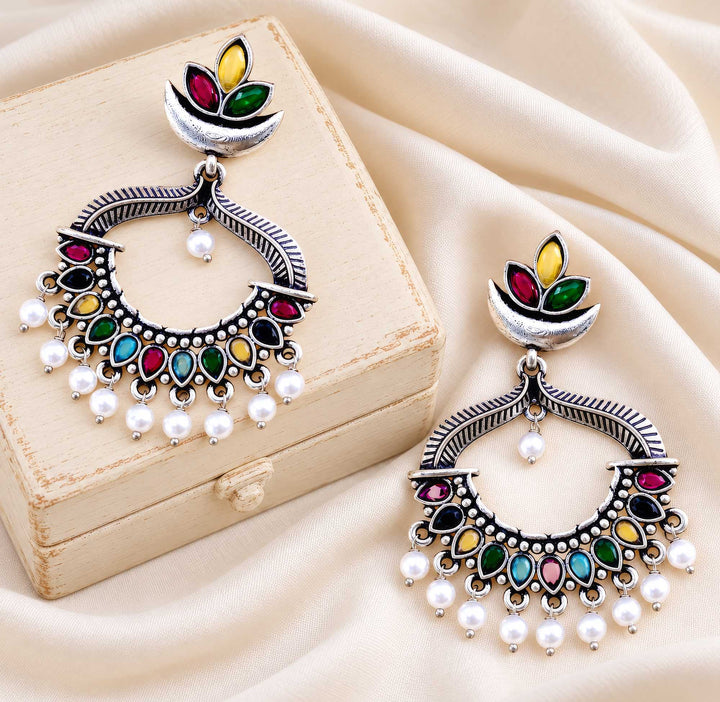 Ethnic Multicolor Stone Chandbali Earrings With Pearls