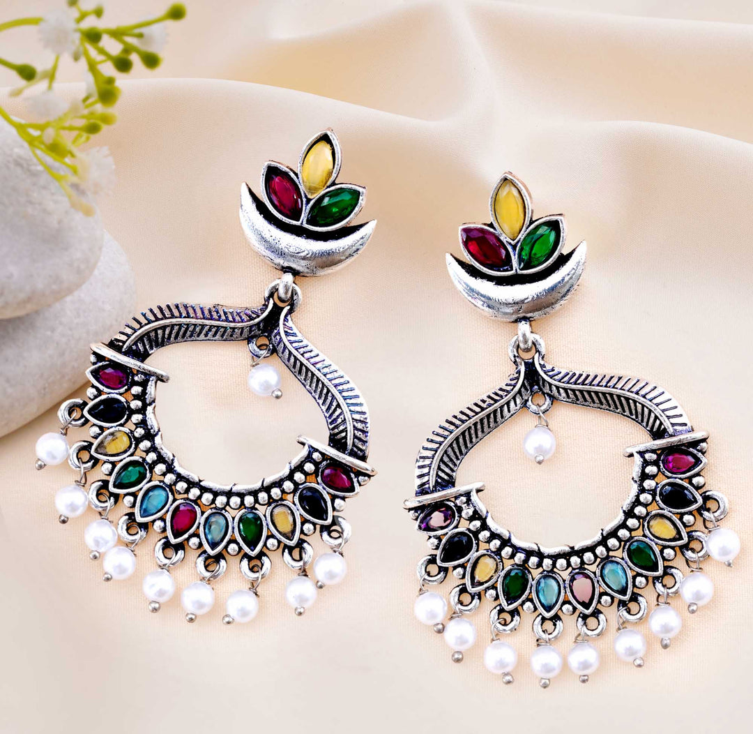 Ethnic Multicolor Stone Chandbali Earrings With Pearls