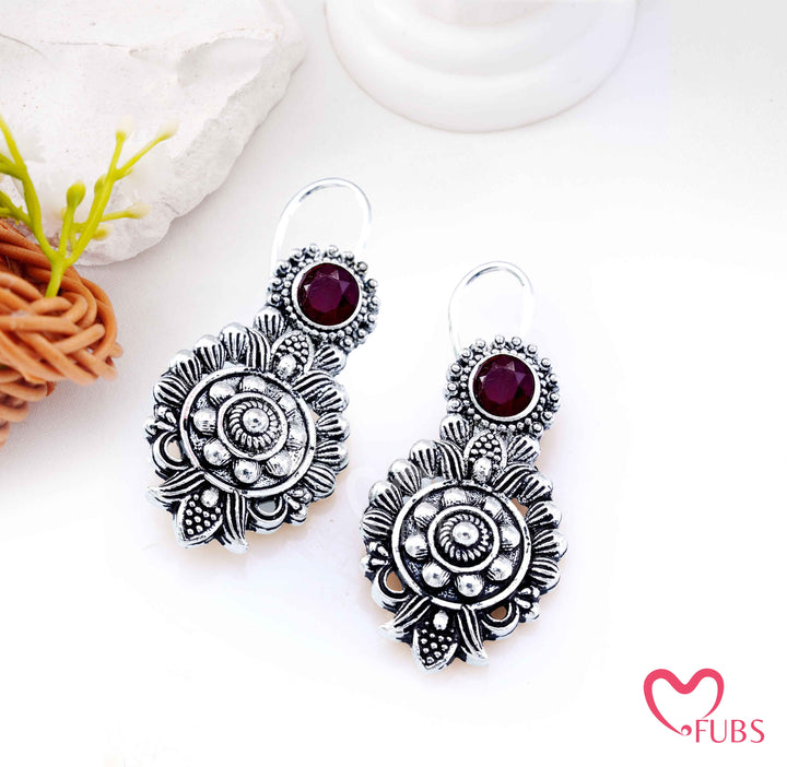 Oxidized Floral Medallion Drop Earrings