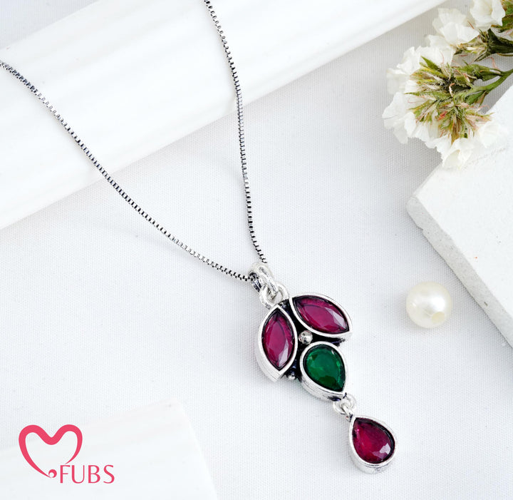 Oxidised Necklace with Pink and Green Teardrop Gemstones