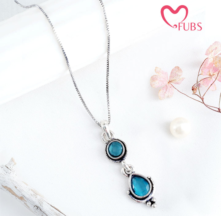 Oxidised Necklace with Blue Round & Teardrop Gemstones