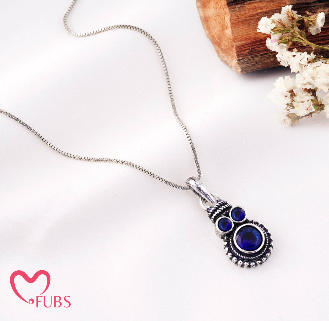 Aaina Oxidised Round Stone Chain Pendant