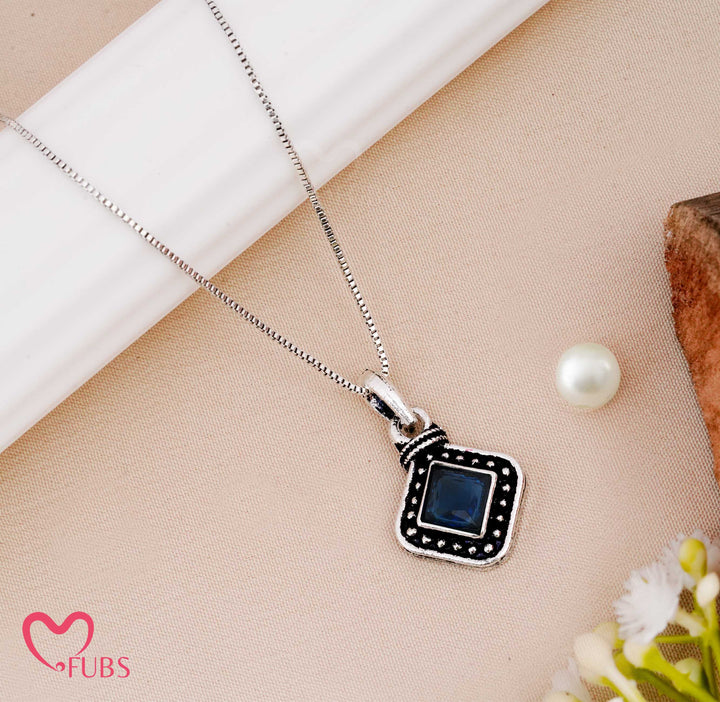 Necklace with Oxidized Pendant with Beaded Border & Square Stone