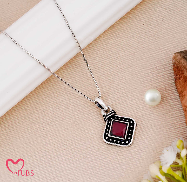 Necklace with Oxidized Pendant with Beaded Border & Square Stone