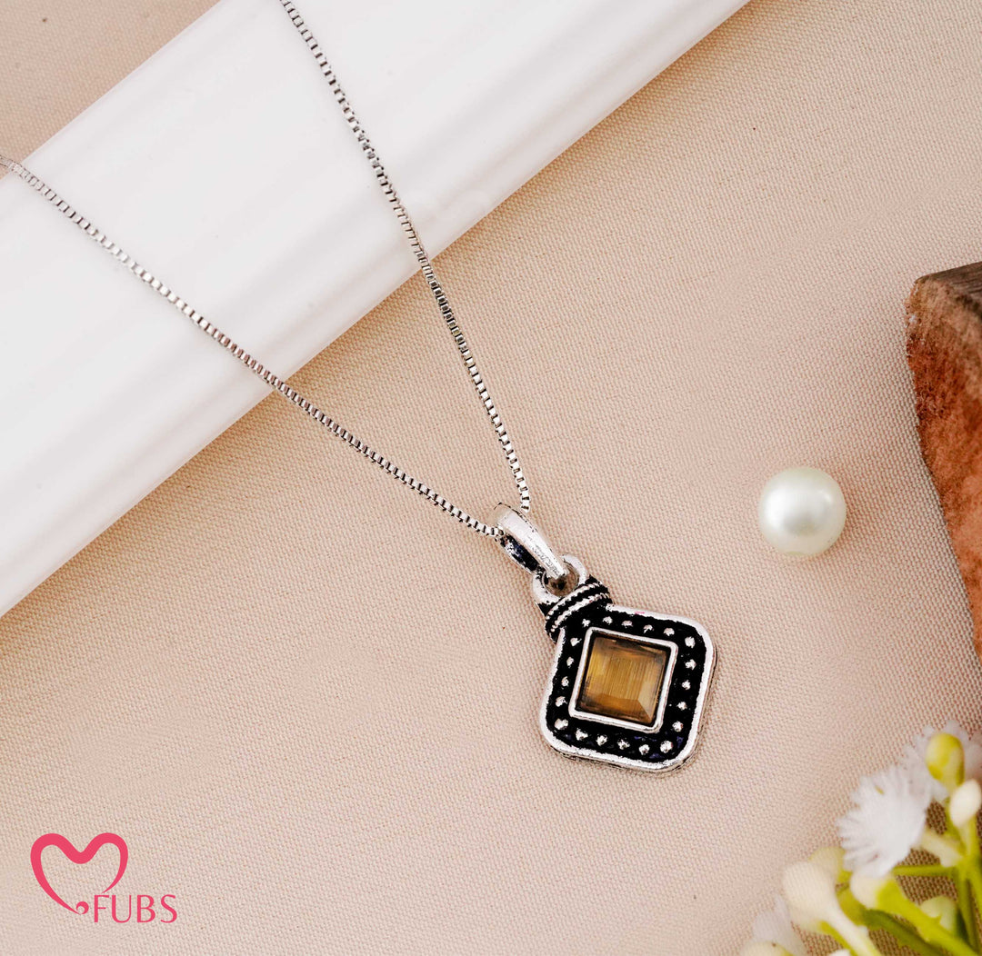Necklace with Oxidized Pendant with Beaded Border & Square Stone