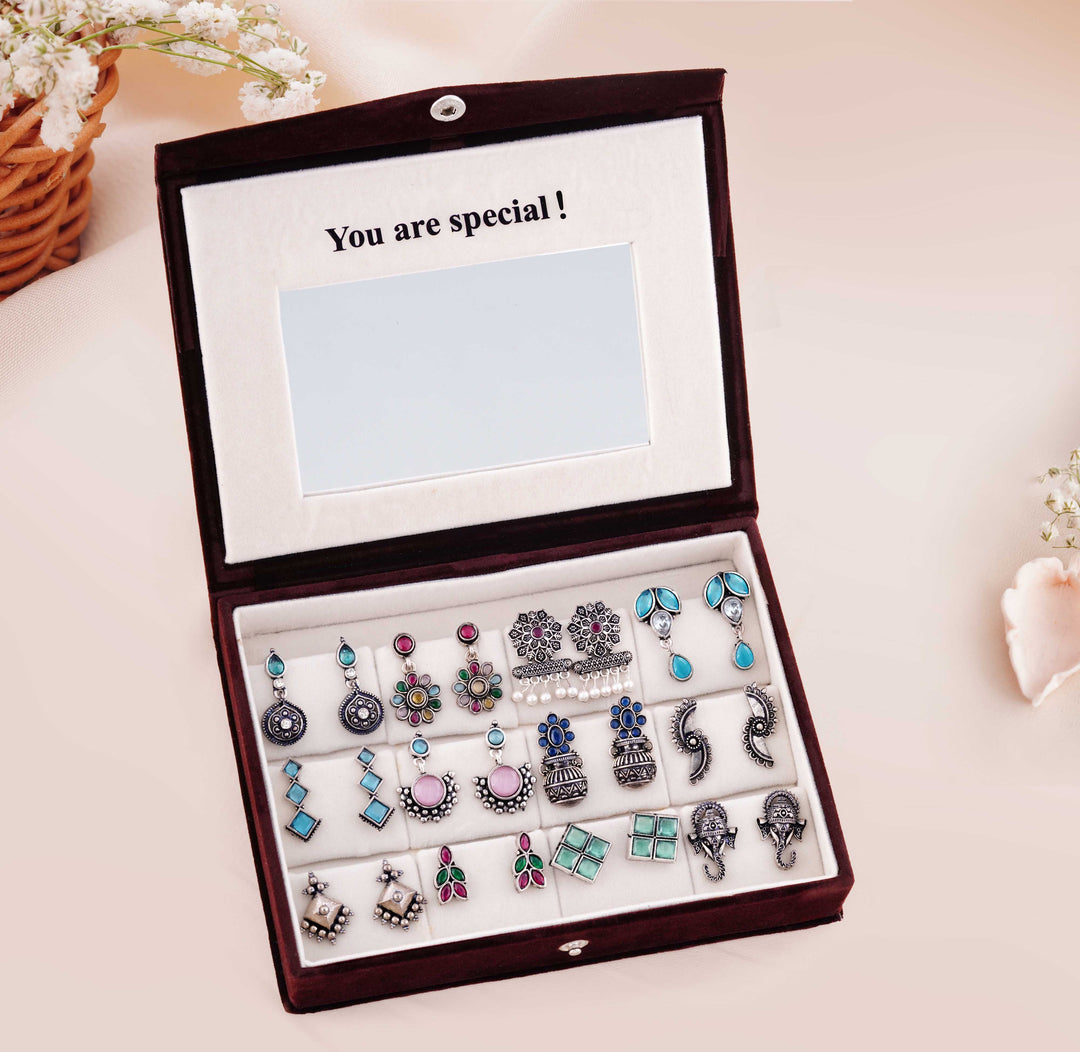 Blushing Mirror Box - 12 Oxidised Multicolor Earrings Set with Sandesh Patra