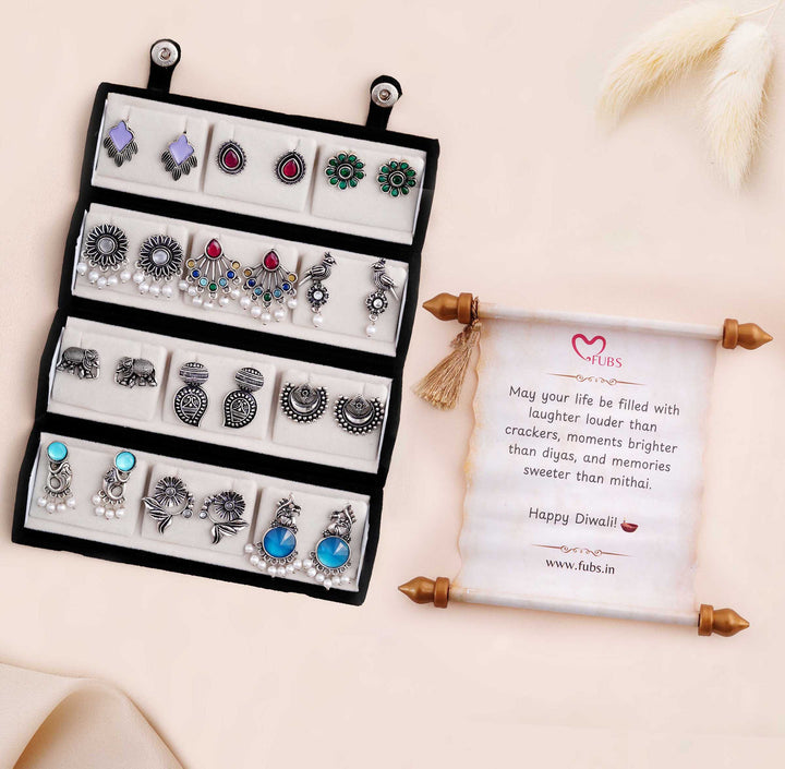 Set Of 12 Oxidized Designer Stud Earrings With Folding Jewelry Box