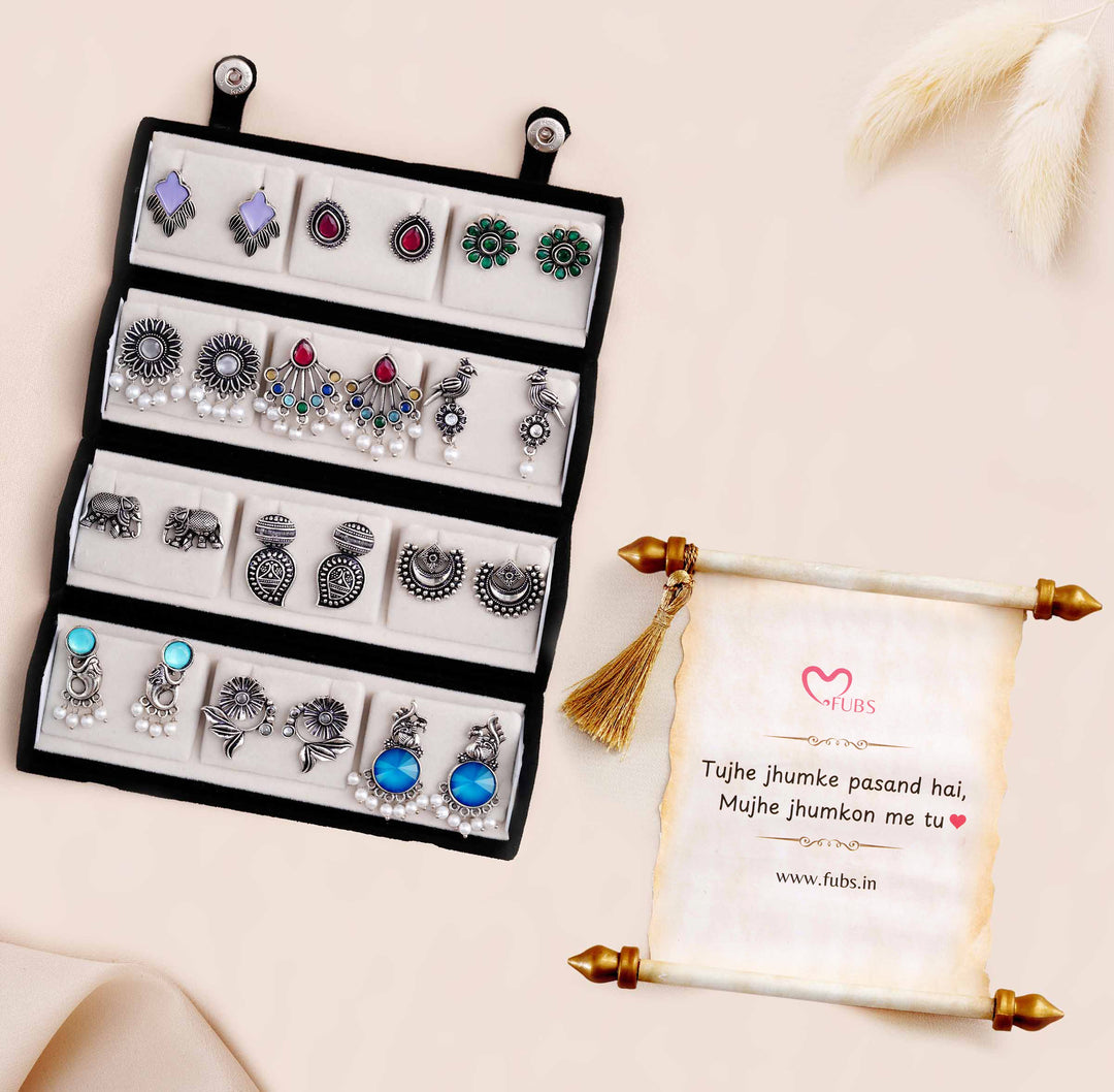 Set Of 12 Oxidized Designer Stud Earrings With Folding Jewelry Box