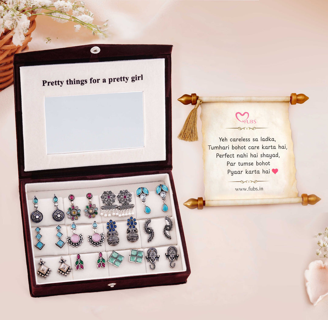 Blushing Mirror Box - 12 Oxidised Multicolor Earrings Set with Sandesh Patra