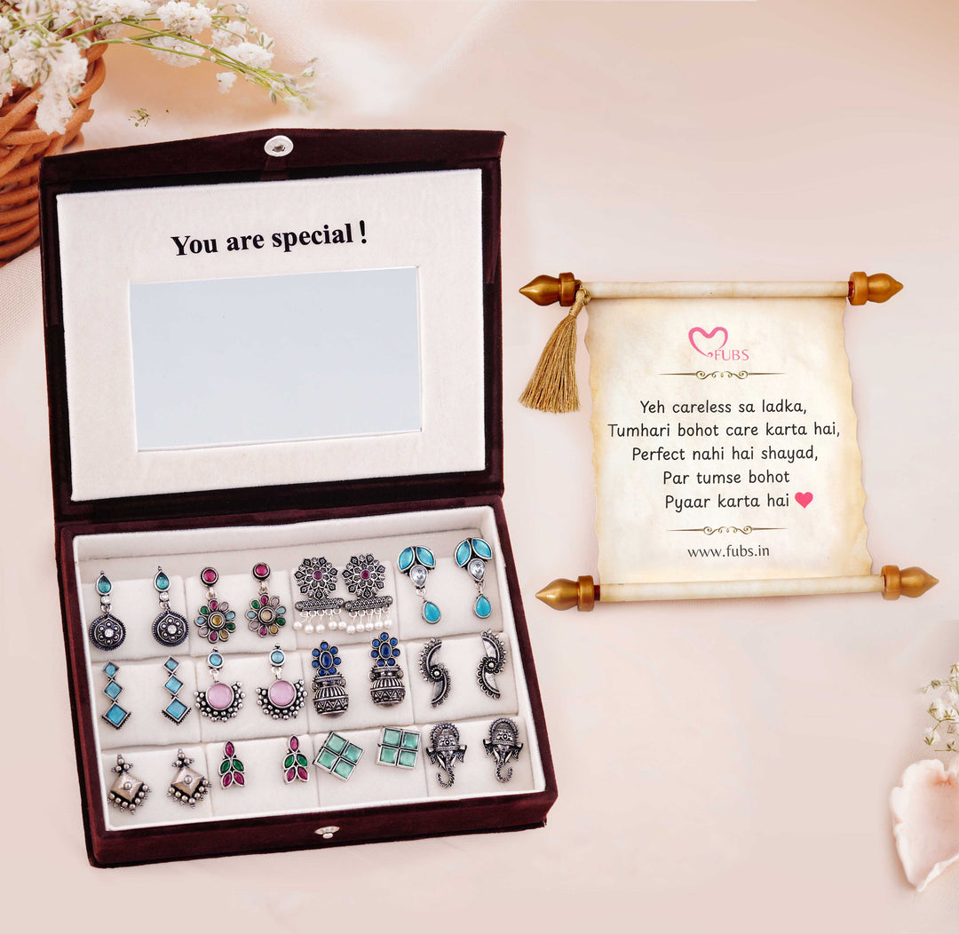 Blushing Mirror Box - 12 Oxidised Multicolor Earrings Set with Sandesh Patra