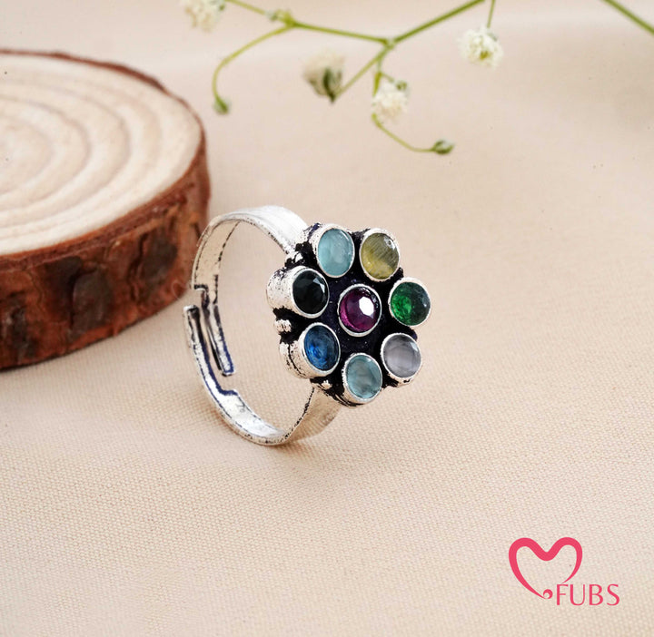 Traditional Oxidised Finish Stone Studded Ring