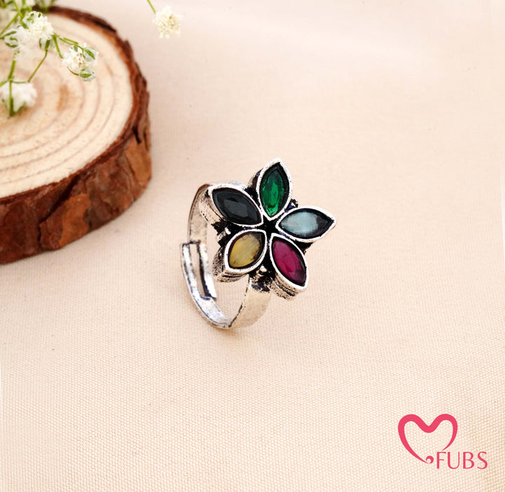 Aesthetic Oxidised Flower Statement Adjustable Ring