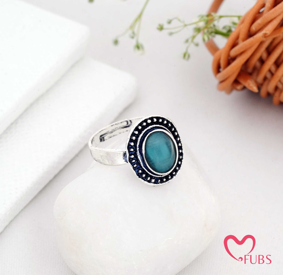 Traditional Oxidised Round Stone Adjustable Ring with Beaded Frame