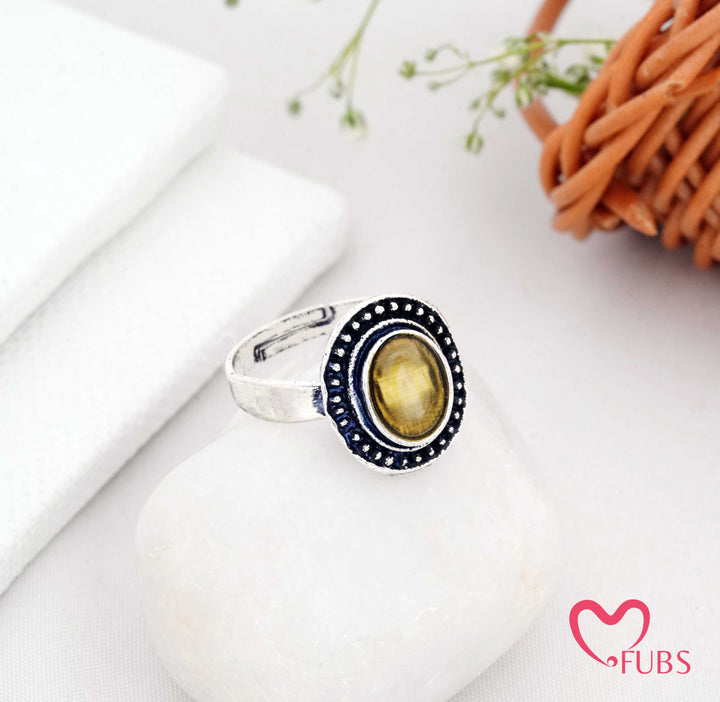 Traditional Oxidised Round Stone Adjustable Ring with Beaded Frame