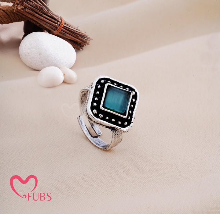 Oxidised Square Stone Adjustable Statement Ring