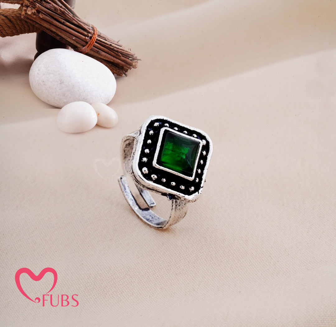 Oxidised Square Stone Adjustable Statement Ring