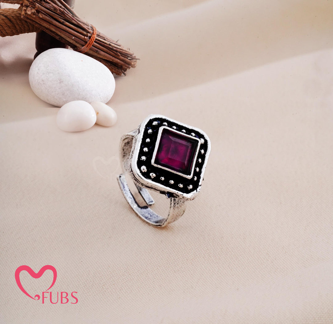 Oxidised Square Stone Adjustable Statement Ring