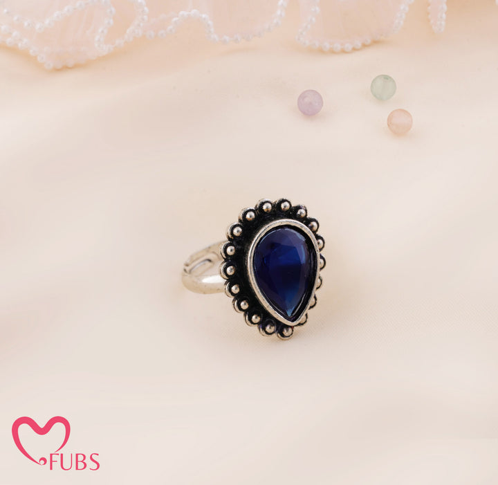Rani Oxidised Teardrop Stone Beaded Adjustable Ring