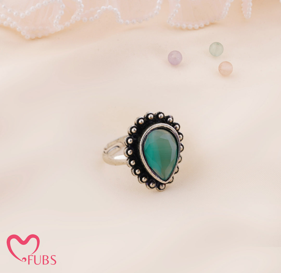 Rani Oxidised Teardrop Stone Beaded Adjustable Ring