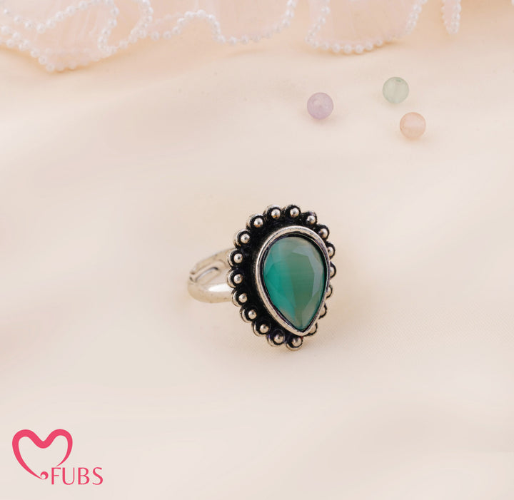 Rani Oxidised Teardrop Stone Beaded Adjustable Ring