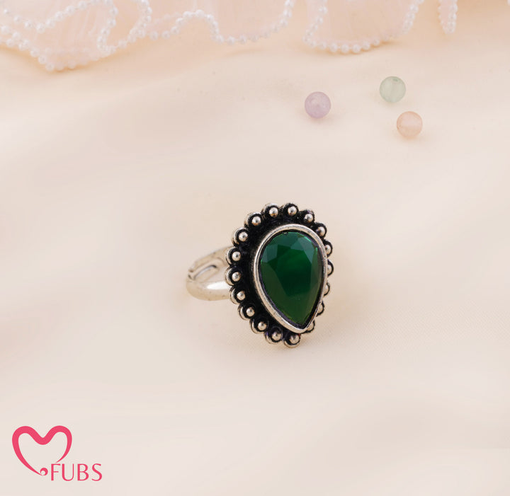 Rani Oxidised Teardrop Stone Beaded Adjustable Ring