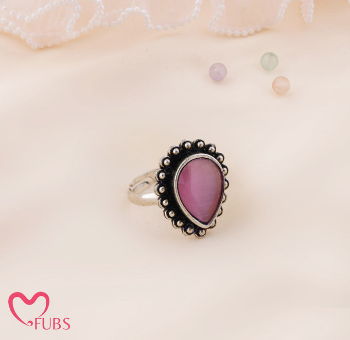Rani Oxidised Teardrop Stone Beaded Adjustable Ring
