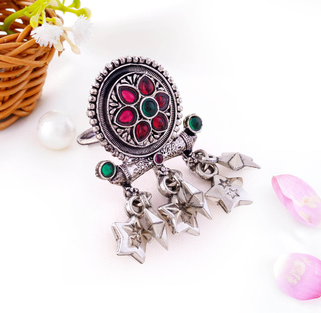 Oxidised Floral Stone Ring with Star Charms
